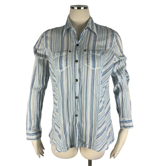 Oh Baby Medium Maternity Top Button Front Blue Stripe Long Sleeve Motherhood - Picture 1 of 5